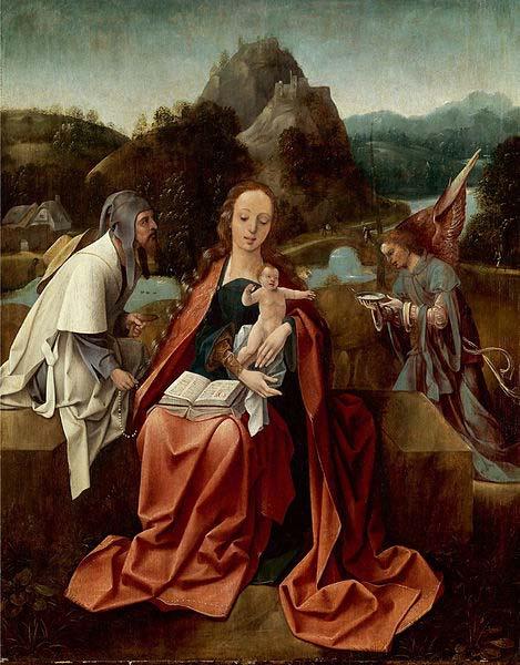 Attributed to Jan de Beer Madonna and Child with a pilgrim and an angel oil painting image